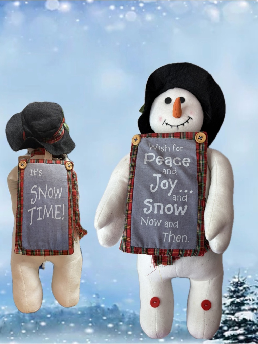 International Silver Co White Snowman Plush with Black Hat and Plaid Sign